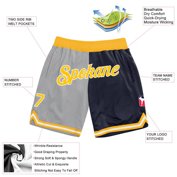 Custom Gray Gold-Navy Authentic Throwback Split Fashion Basketball Shorts alternate