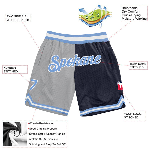 Custom Gray Light Blue-Navy Authentic Throwback Split Fashion Basketball Shorts alternate