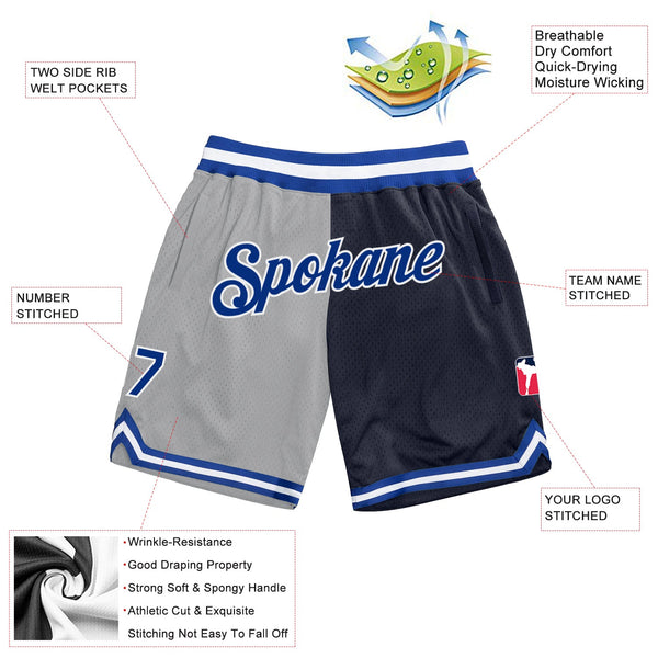 Custom Gray Royal-Navy Authentic Throwback Split Fashion Basketball Shorts alternate