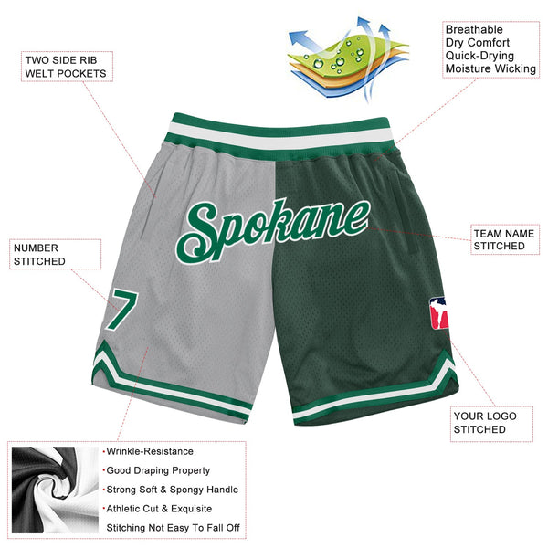 Custom Gray Kelly Green-Hunter Green Authentic Throwback Split Fashion Basketball Shorts alternate