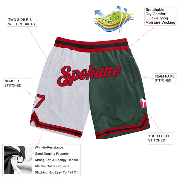 Custom White Red-Hunter Green Authentic Throwback Split Fashion Basketball Shorts alternate