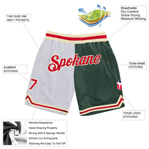 Custom White Red-Hunter Green Authentic Throwback Split Fashion Basketball Shorts alternate