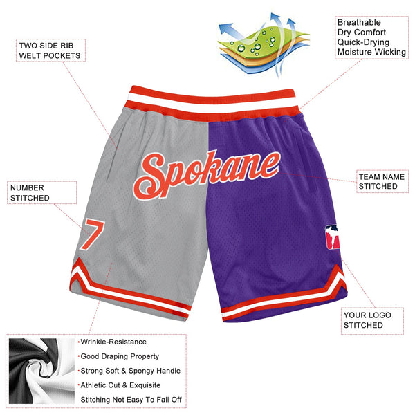 Custom Gray Orange-Purple Authentic Throwback Split Fashion Basketball Shorts alternate