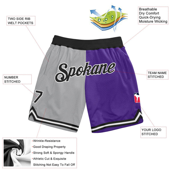 Custom Gray Black-Purple Authentic Throwback Split Fashion Basketball Shorts alternate