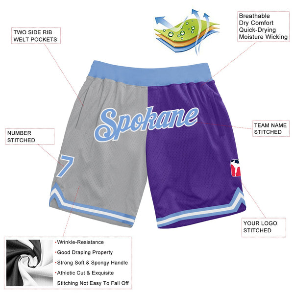Custom Gray Light Blue-Purple Authentic Throwback Split Fashion Basketball Shorts alternate