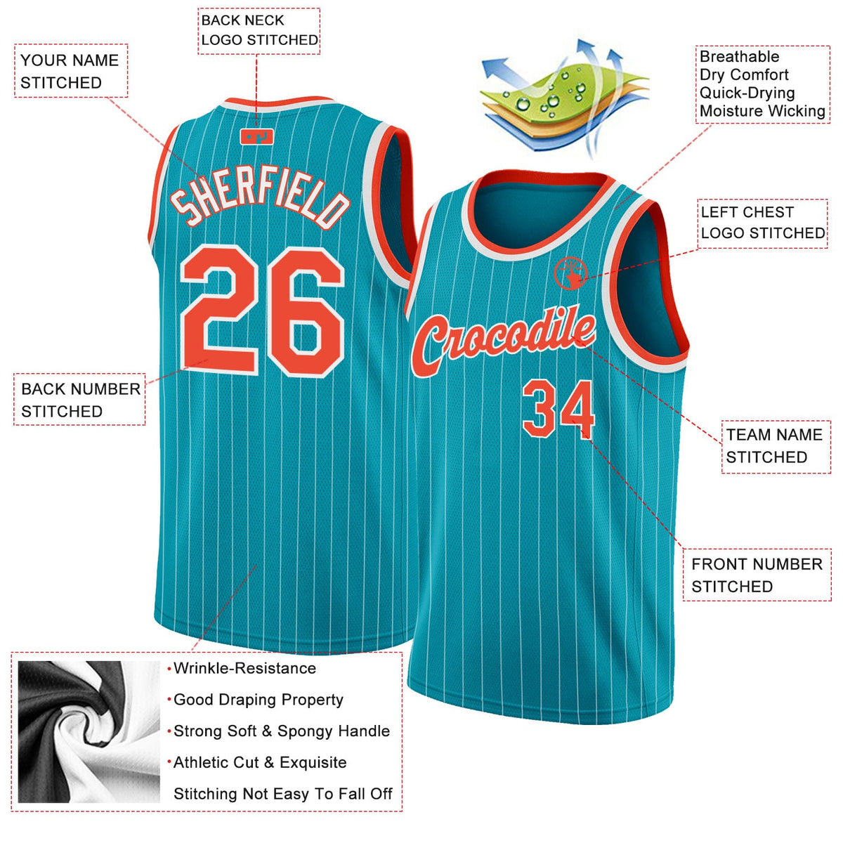 Custom Teal White Pinstripe Orange-White Authentic Basketball Jersey - Back