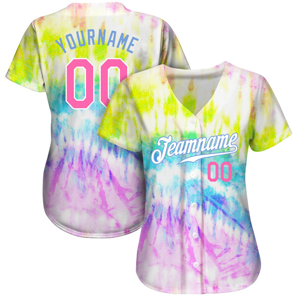 Custom Tie Dye Pink-Light Blue 3D Rainbow Authentic Baseball Jersey alternate
