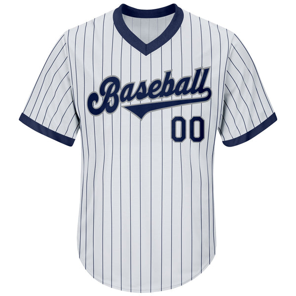 Custom White Navy Pinstripe Navy-Gray Authentic Throwback Rib-Knit Baseball Jersey Shirt alternate