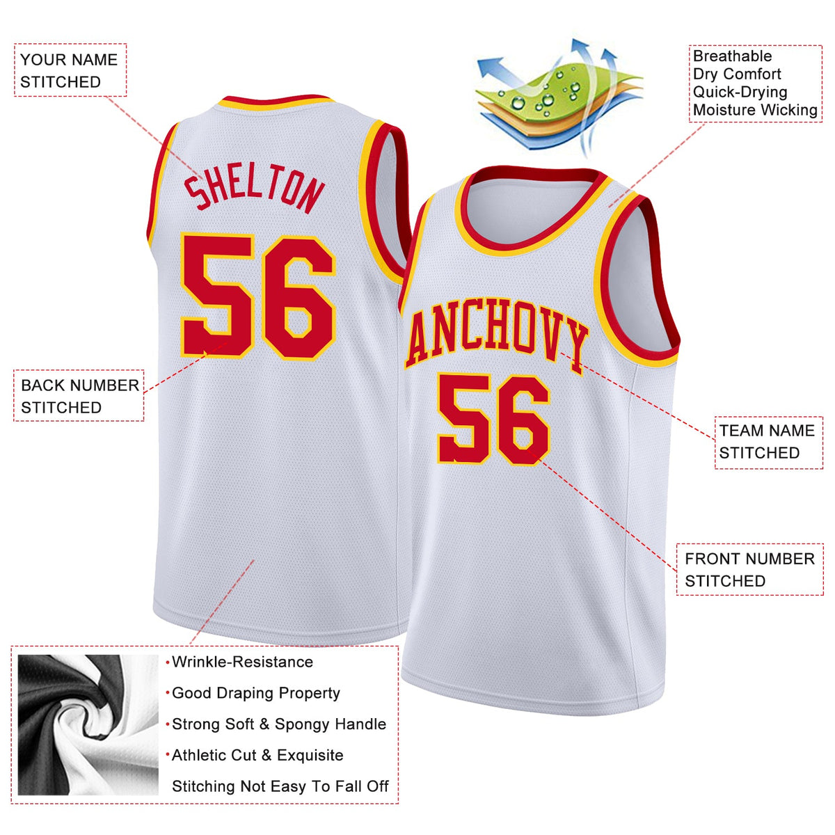 Custom White Red-Gold Round Neck Rib-Knit Basketball Jersey - Back