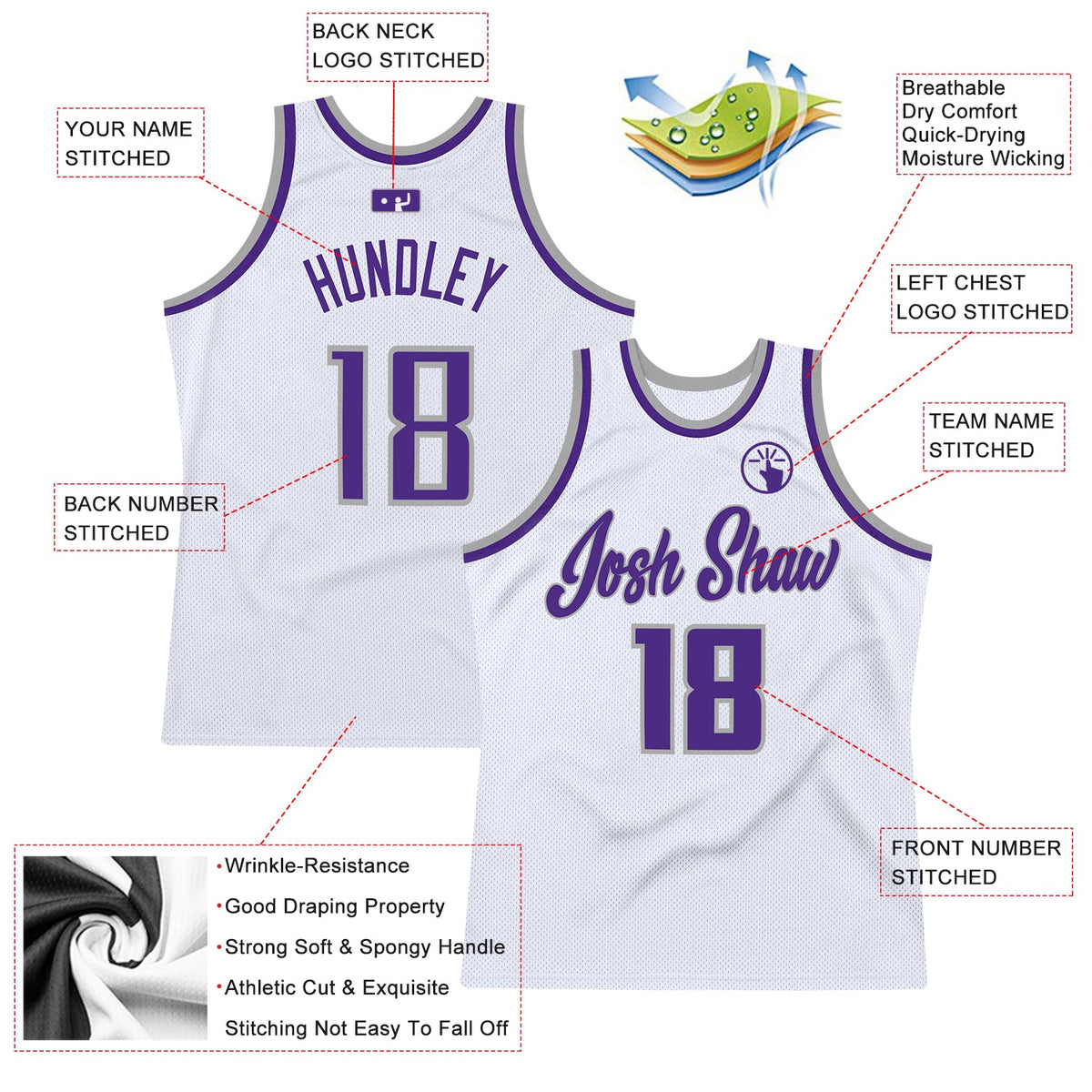 Custom White Purple-Gray Authentic Throwback Basketball Jersey - Front
