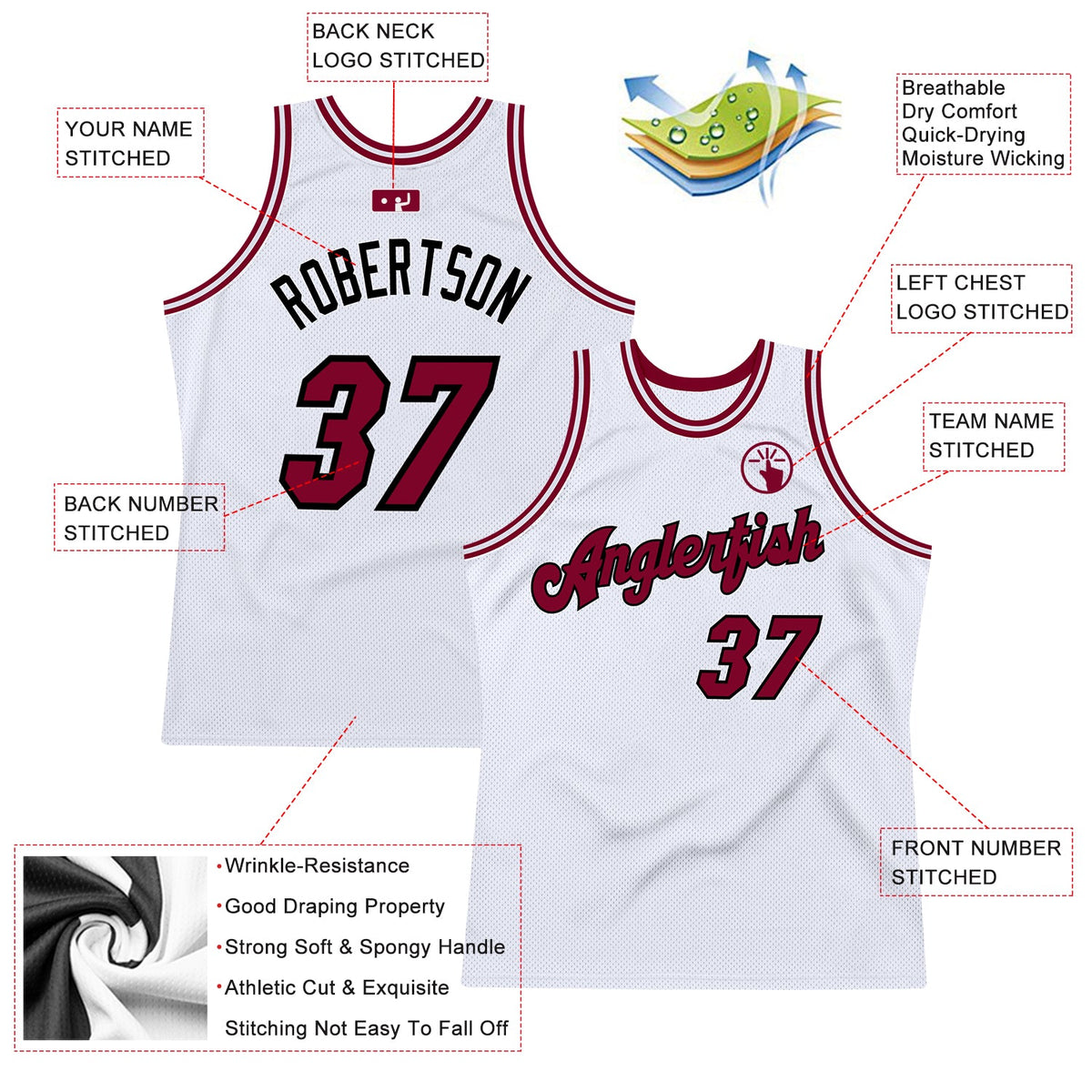 Custom White Maroon-Black Authentic Throwback Basketball Jersey - Back