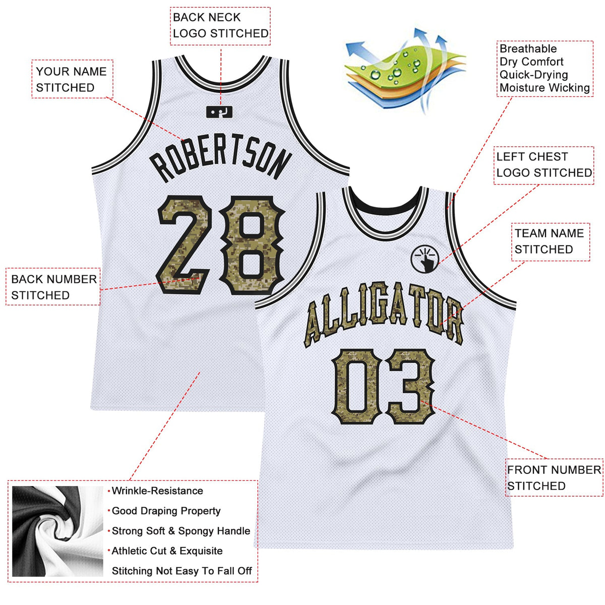 Custom White Camo-Gray Authentic Throwback Basketball Jersey - Back