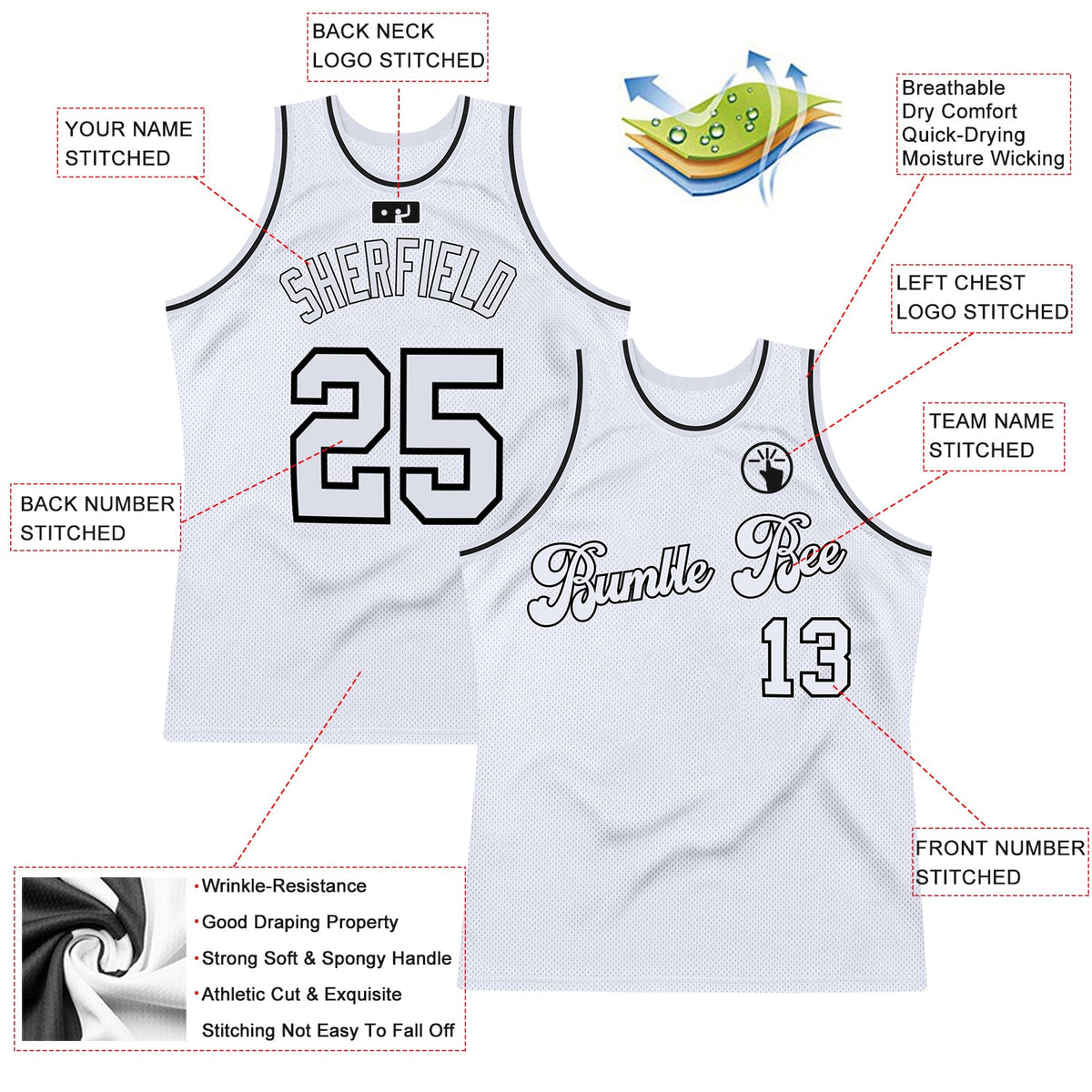 Custom White White-Black Authentic Throwback Basketball Jersey - Back