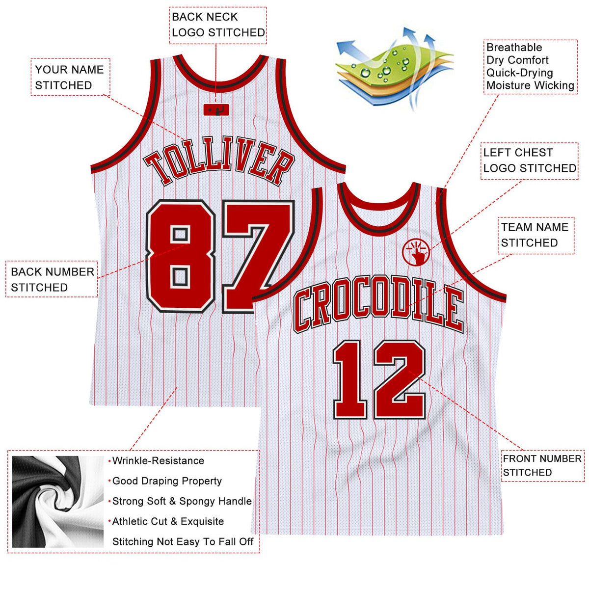 Custom White Red Pinstripe Red-Black Authentic Basketball Jersey - Back
