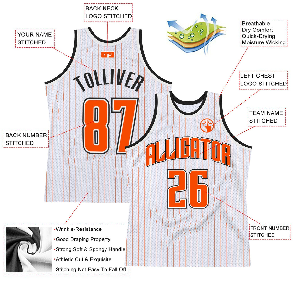 Custom White Orange Pinstripe Orange-Black Authentic Basketball Jersey - Back