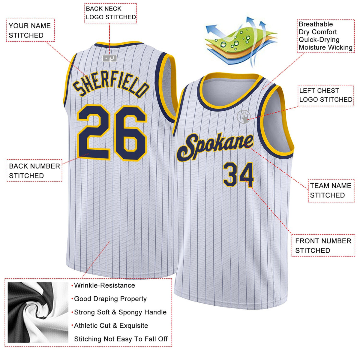 Custom White Navy Pinstripe Navy-Gold Authentic Basketball Jersey - Back