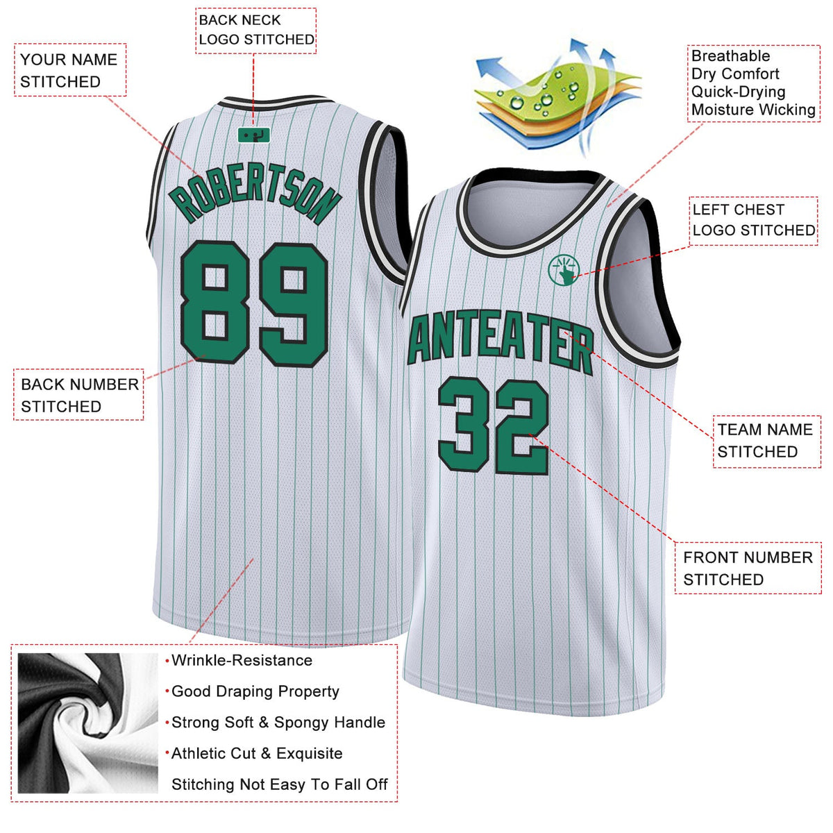Custom White Kelly Green Pinstripe Kelly Green-Black Authentic Basketball Jersey - Back