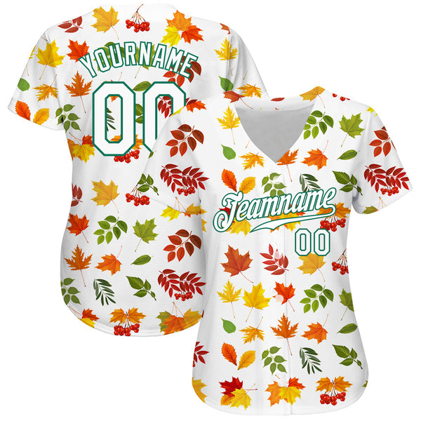 Custom White White-Kelly Green 3D Pattern Design Autumn Leaves Authentic Baseball Jersey alternate