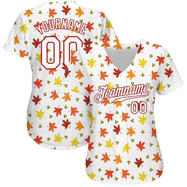 Custom White White-Red 3D Pattern Design Autumn Leaves Authentic Baseball Jersey alternate