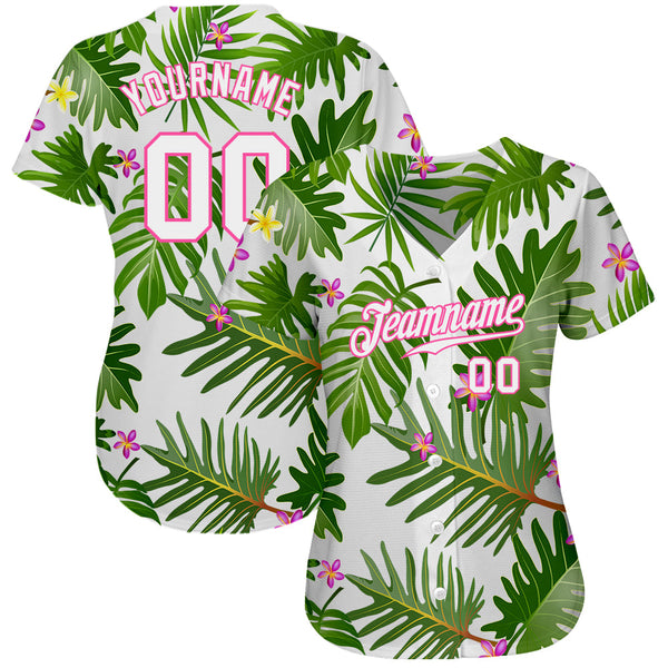Custom White White-Pink 3D Pattern Design Tropical Palm Leaves Authentic Baseball Jersey alternate