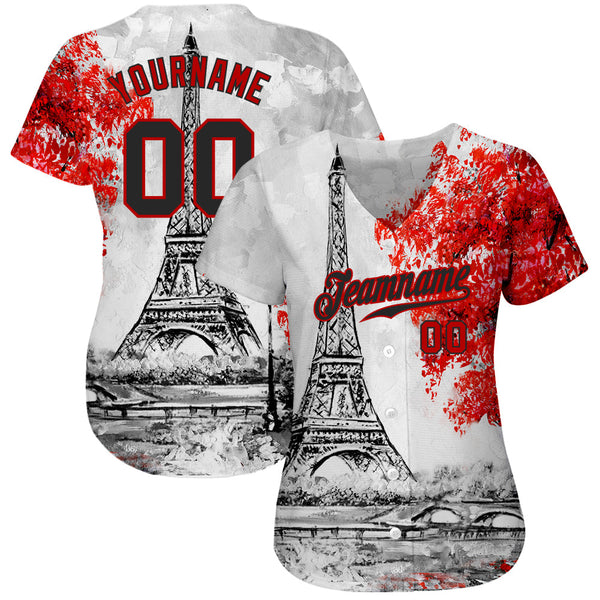 Custom White Black-Red 3D Pattern Design Eiffel Tower Authentic Baseball Jersey alternate