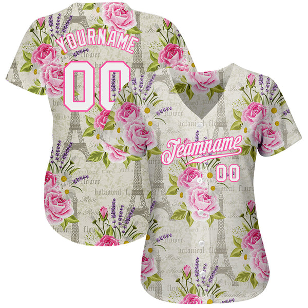Custom White White-Pink 3D Pattern Design Floral Pattern With The Eiffel Tower Authentic Baseball Jersey alternate
