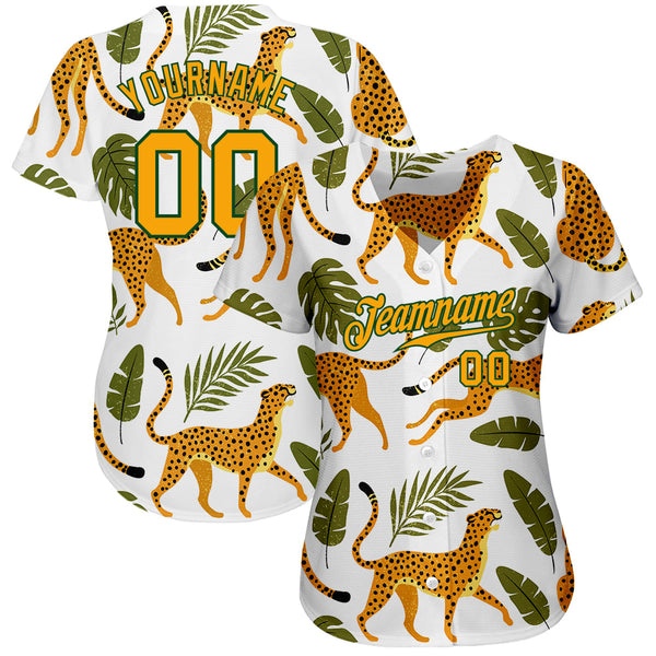 Custom White Gold-Green 3D Pattern Design Leopards And Tropical Palm Leaves Authentic Baseball Jersey alternate