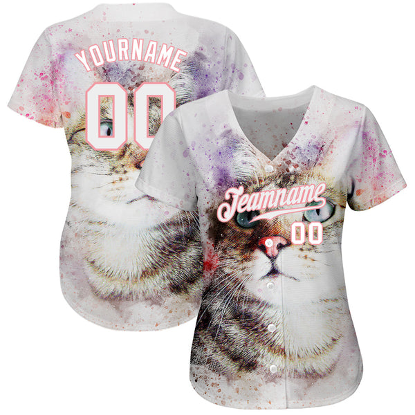 Custom White White-Medium Pink 3D Pattern Design Cat Authentic Baseball Jersey alternate