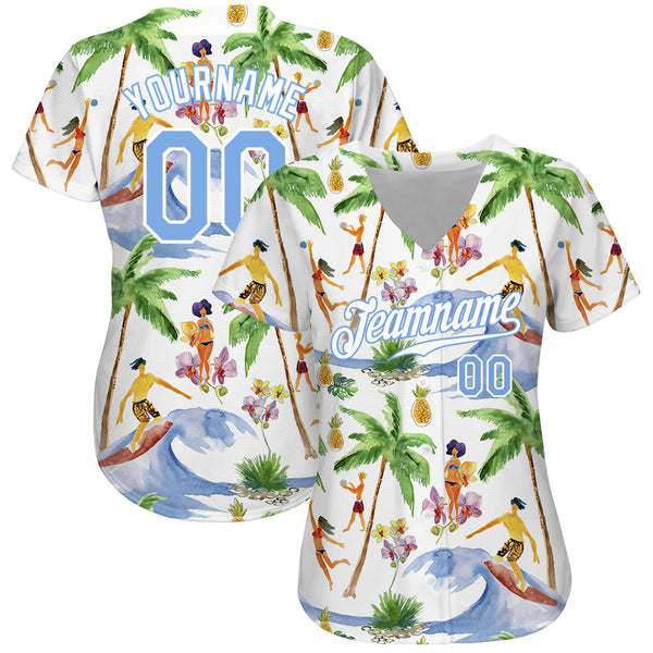 Custom White Light Blue-White 3D Pattern Design Hawaii Palm Trees Authentic Baseball Jersey alternate