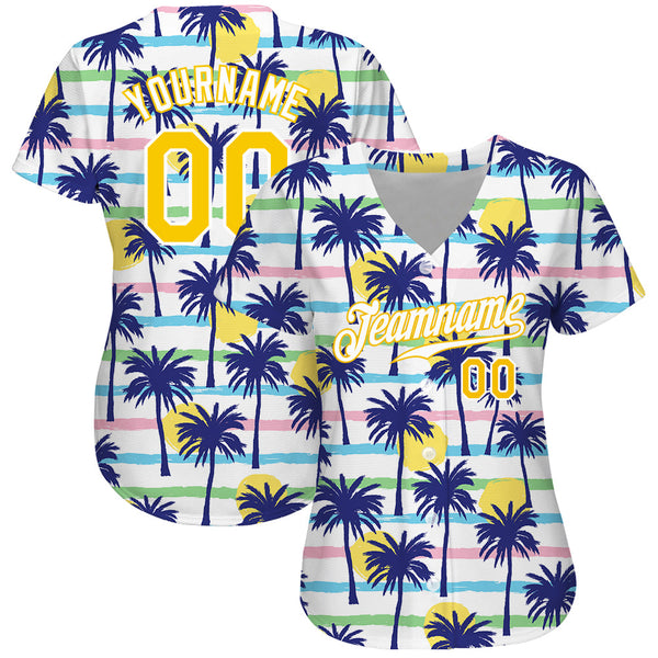 Custom White Gold-White 3D Pattern Design Hawaii Palm Trees Authentic Baseball Jersey alternate