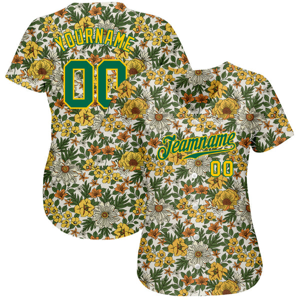 Custom White Kelly Green-Gold 3D Pattern Design Flowers Authentic Baseball Jersey alternate