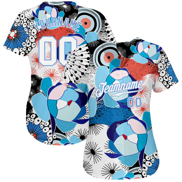 Custom White White-Light Blue 3D Pattern Design Flowers Authentic Baseball Jersey alternate