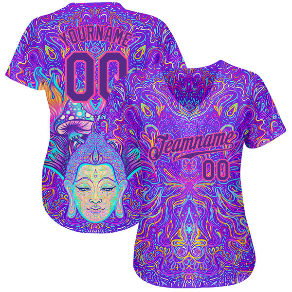 Custom 3D Pattern Design Sitting Buddha Over Colorful Neon Background Psychedelic Mushroom Composition Authentic Baseball Jersey alternate