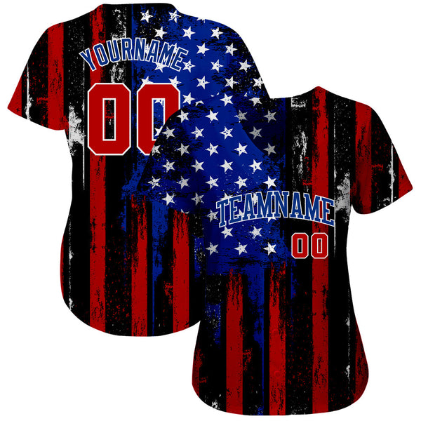 Custom Black Red Royal-White 3D Distressed American Flag Authentic Baseball Jersey alternate