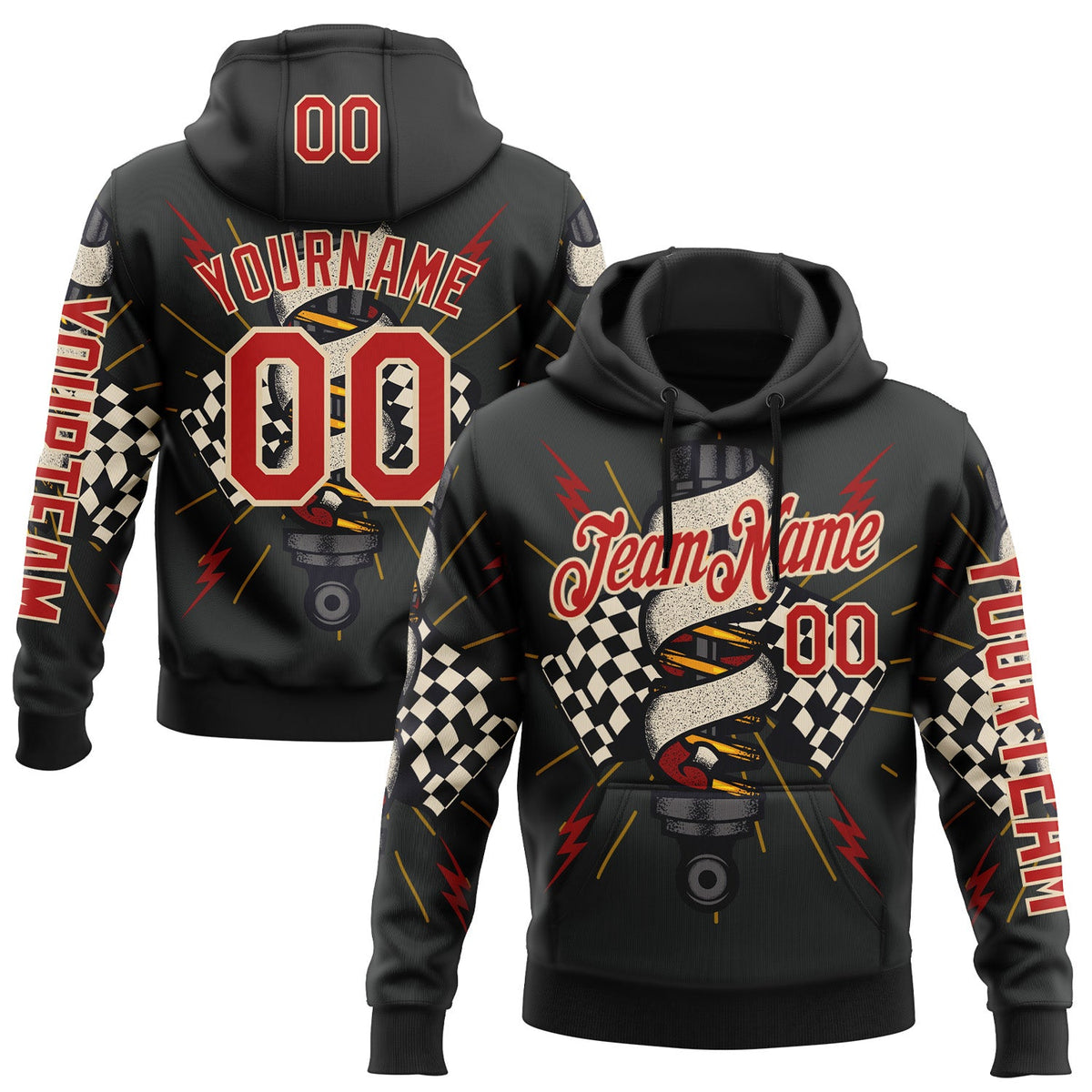Custom White Fire Red City Cream-Yellow 3D Pattern Design Formula Auto Car Racing Motorsport Sports Pullover Sweatshirt Hoodie