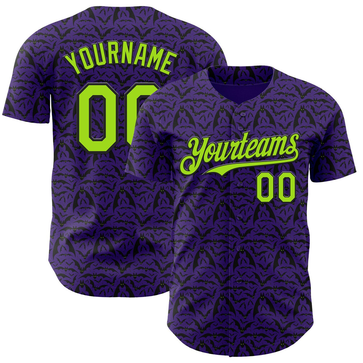 Custom Purple Neon Green-Black 3D Halloween Bat Party Costume Ideas Authentic Baseball Jersey