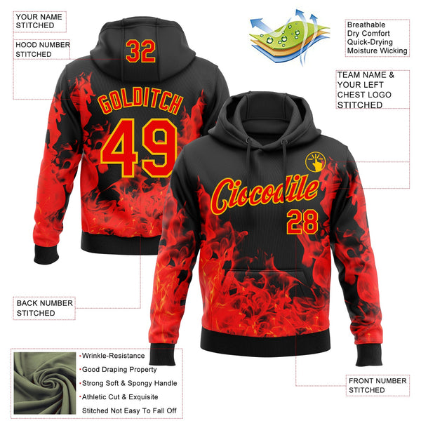 Custom Stitched Black Red-Yellow 3D Pattern Design Flame Sports Pullover Sweatshirt Hoodie alternate
