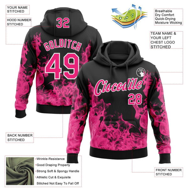 Custom Stitched Black Hot Pink-White 3D Pattern Design Flame Sports Pullover Sweatshirt Hoodie alternate