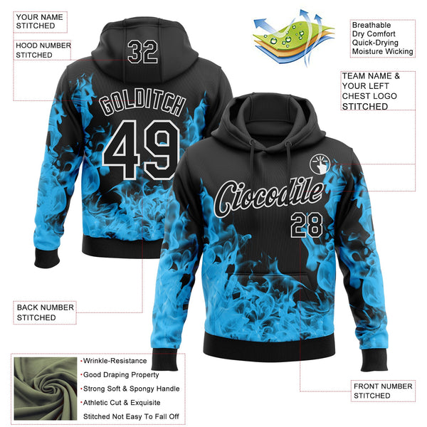 Custom Stitched Black Blue-White 3D Pattern Design Flame Sports Pullover Sweatshirt Hoodie alternate