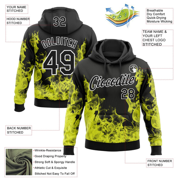 Custom Stitched Black Yellow-White 3D Pattern Design Flame Sports Pullover Sweatshirt Hoodie alternate