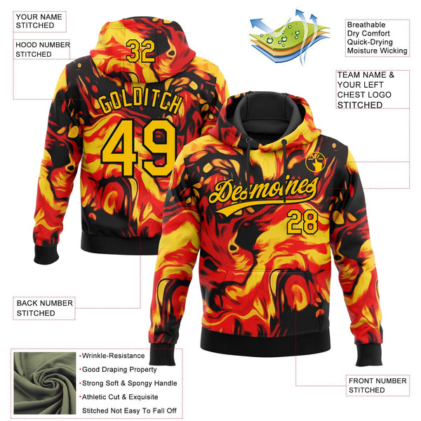 Custom Stitched Black Gold-Red 3D Pattern Design Flame Sports Pullover Sweatshirt Hoodie alternate