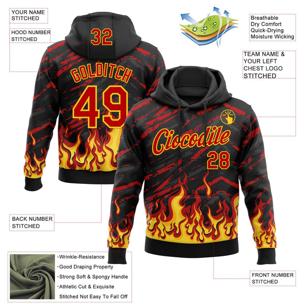 Custom Stitched Black Red-Yellow 3D Pattern Design Flame Sports Pullover Sweatshirt Hoodie alternate