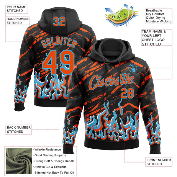 Custom Stitched Black Orange Lakes Blue-White 3D Pattern Design Flame Sports Pullover Sweatshirt Hoodie alternate
