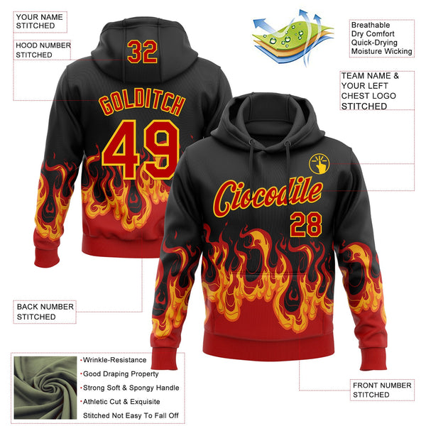 Custom Stitched Black Red-Yellow 3D Pattern Design Flame Sports Pullover Sweatshirt Hoodie alternate