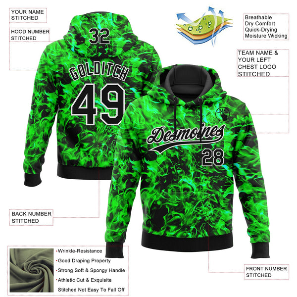 Custom Stitched Black Green-White 3D Pattern Design Flame Sports Pullover Sweatshirt Hoodie alternate