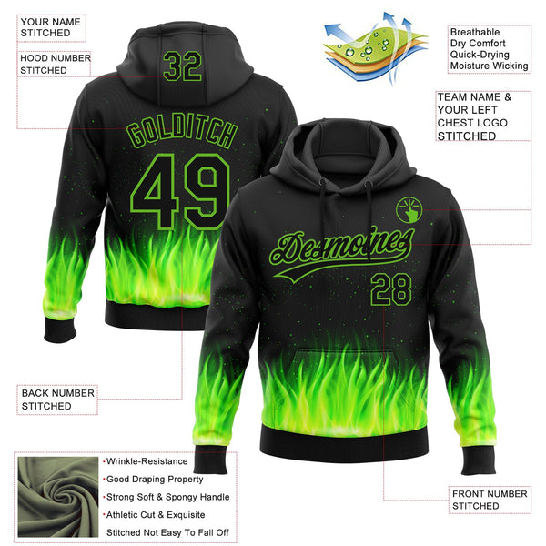 Custom Stitched Black Neon Green 3D Pattern Design Flame Sports Pullover Sweatshirt Hoodie alternate