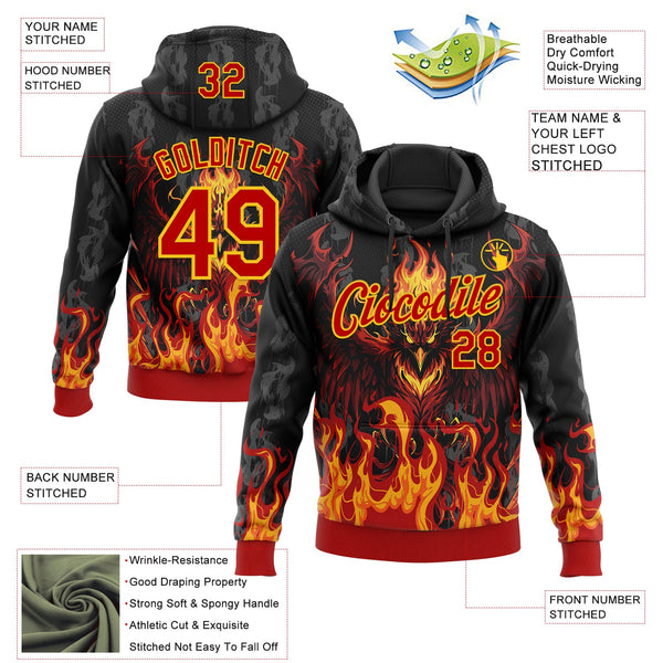 Custom Stitched Black Red-Yellow 3D Pattern Design Flame Phoenix Sports Pullover Sweatshirt Hoodie alternate