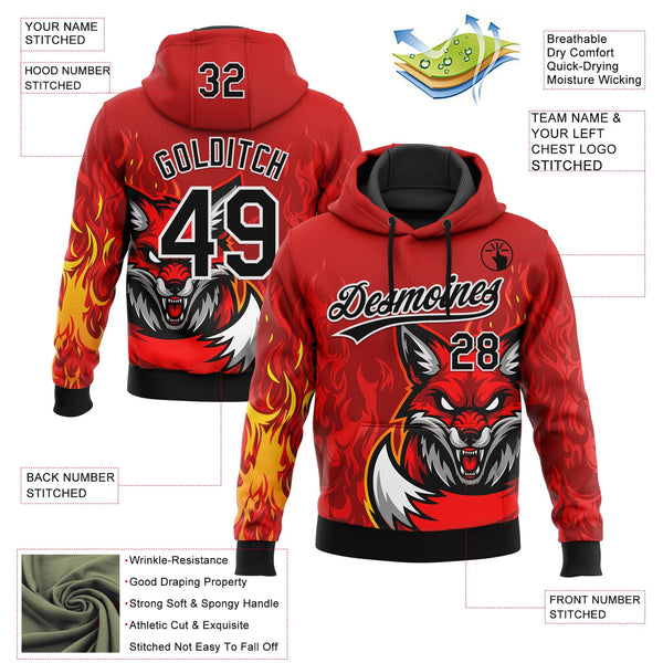 Custom Stitched Red Black Yellow-White 3D Pattern Design Flame Fox Sports Pullover Sweatshirt Hoodie alternate