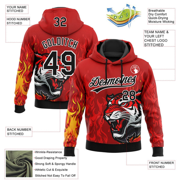 Custom Stitched Red Black Yellow-White 3D Pattern Design Flame Tiger Sports Pullover Sweatshirt Hoodie alternate