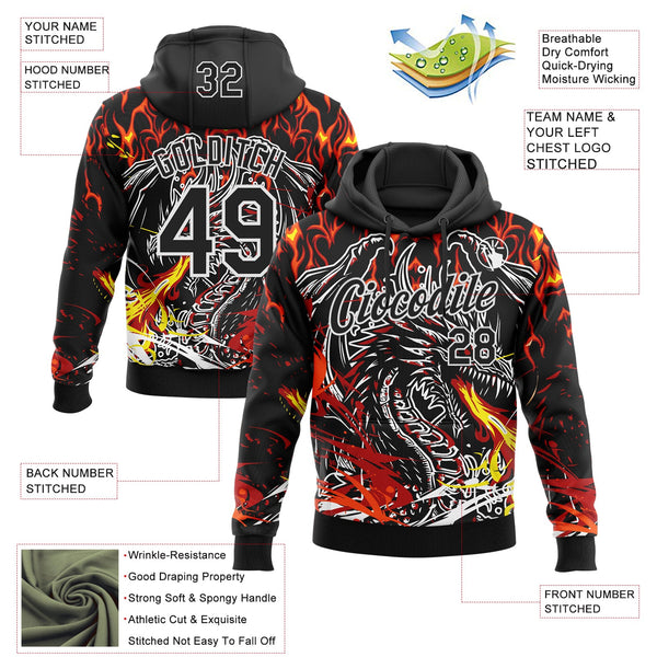 Custom Stitched Black Red Yellow-White 3D Pattern Design Flame Dragon Sports Pullover Sweatshirt Hoodie alternate